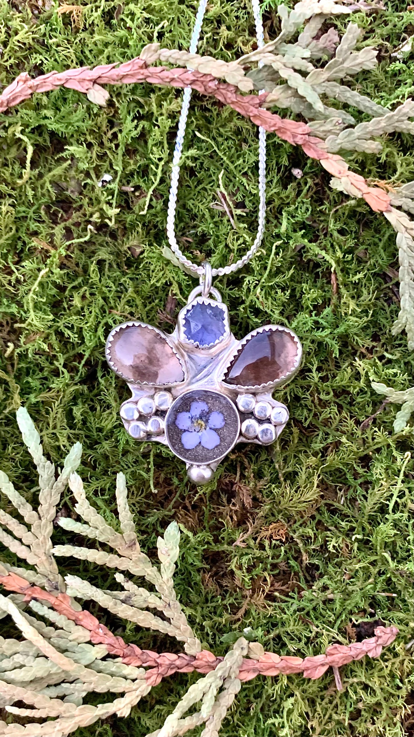 Forget-Me-Not & Smoky Quartz Necklace