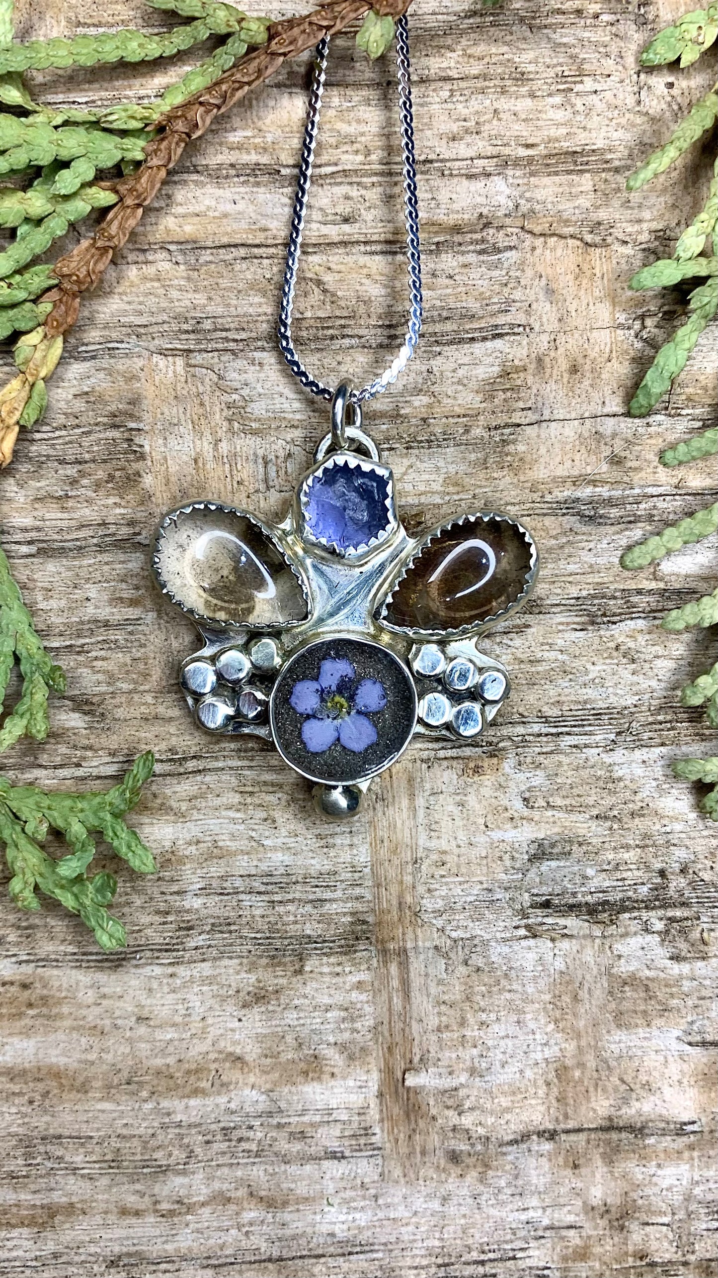 Forget-Me-Not & Smoky Quartz Necklace